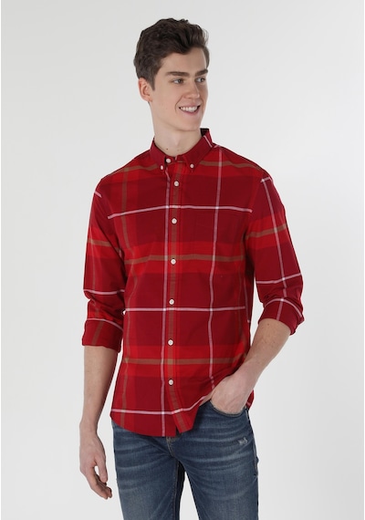 Colin's Colins Slim Fit Shirt Neck Ekoseli Erkek Kirmizi Uzun Kol Gömlek Cl1058638 Q1.v1 Red Kırmızı