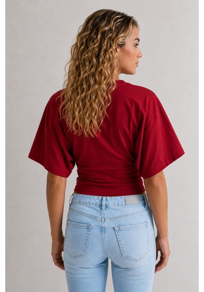 Overmax Bele Oturan Oversize Kollu Premium Crop Bluz Kırmızı - 880759104 Kırmızı