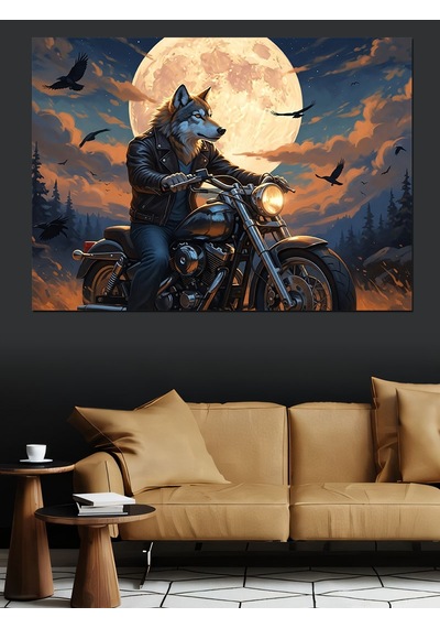 Ahşap Tablo Gece Yolunda Motosikletli Kurt Sürücü