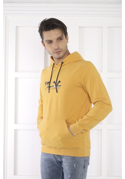 Escetic Spor Erkek Hardal Cepli, Kapüşonlu Sweatshirt-4172