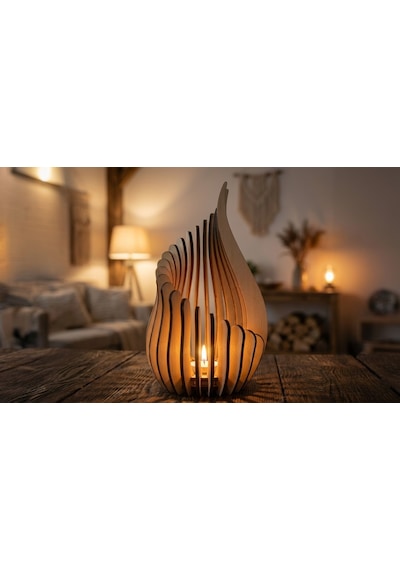 Ateş 3'lü Tealight Mumluk Ahşap Mumluk + Led Pilli Mum Ham Mdf