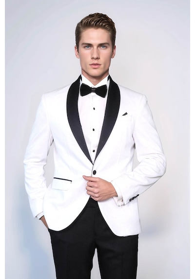 Beyaz Şal Yaka Simli Slim Fit Smokin Ceket - Wessi White