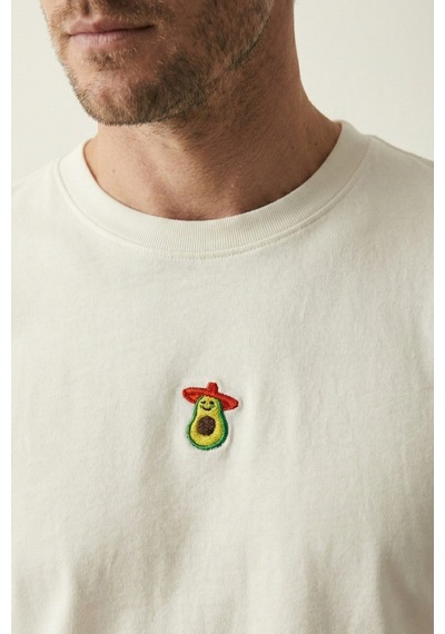 Elemge Pamuk Compact Penye Süprem Ekru Avakado Nakışlı Trend Fit Erkek Tok Kumaş T-shirt Rahat Kesim 2XL
