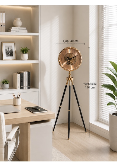 Gold Metal Ayaklı Dekoratif Salon Saati 110 Cm 40 Cm Çaplı Tripod Tasarımlı Retro Lüks Yer Saati
