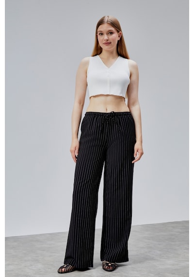 Genius Store Kadın Pantolon Geniş Paça Yüksel Bel Cepli Çizgili Pantolon Çizgili-pantolon Siyah