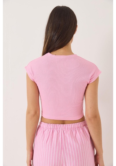 Shade Kadın Bisiklet Yaka Kısa Kollu Basic Kaşkorse Crop Top T-shirt 60602044 - Pembe