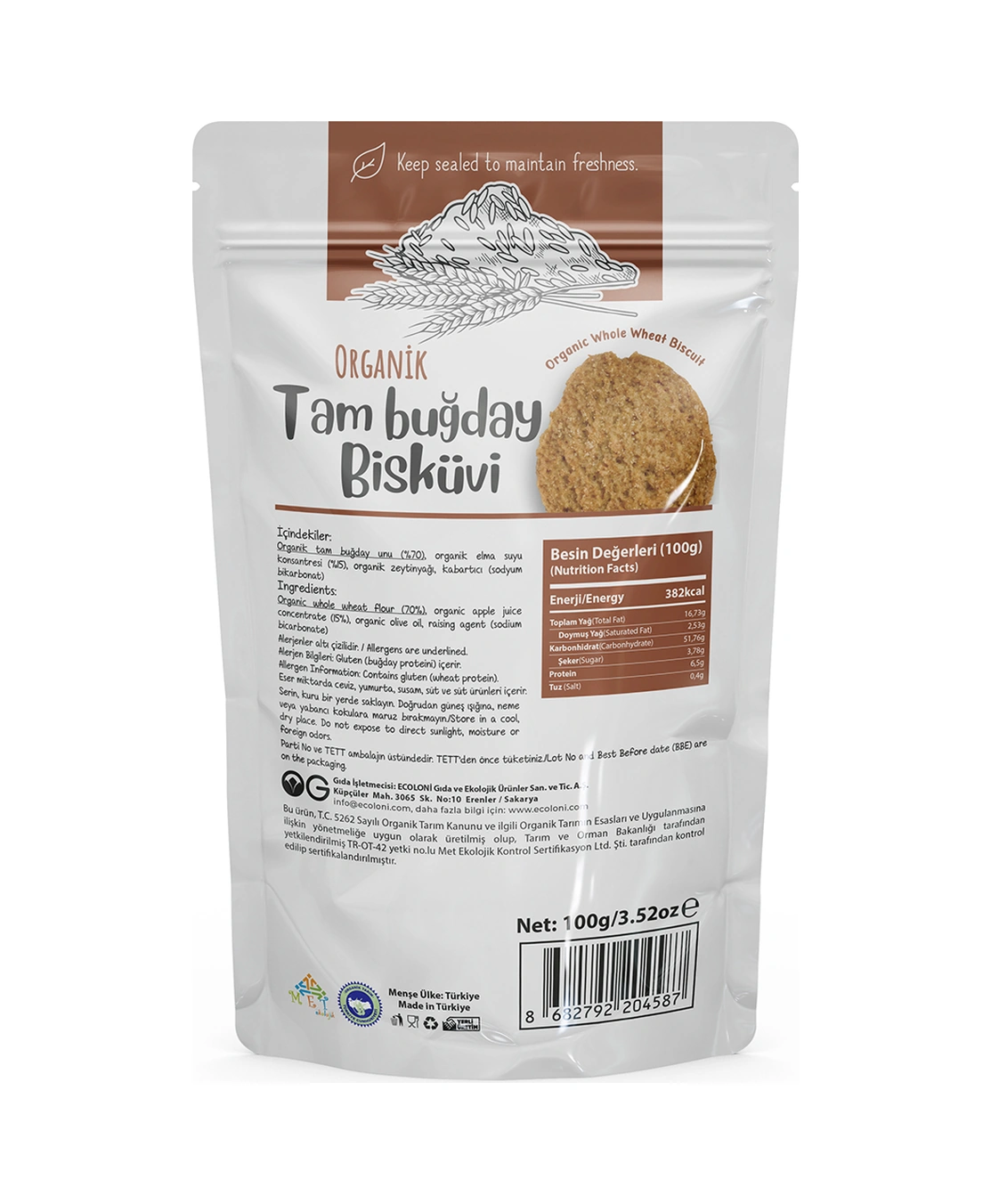 Organik Tam Buğday Bisküvi 100gr