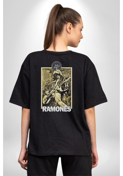 Ramones Rock Kulüp Pamuklu Unisex Oversize Sırt Dijital Baskılı Siyah T-shirt Siyah