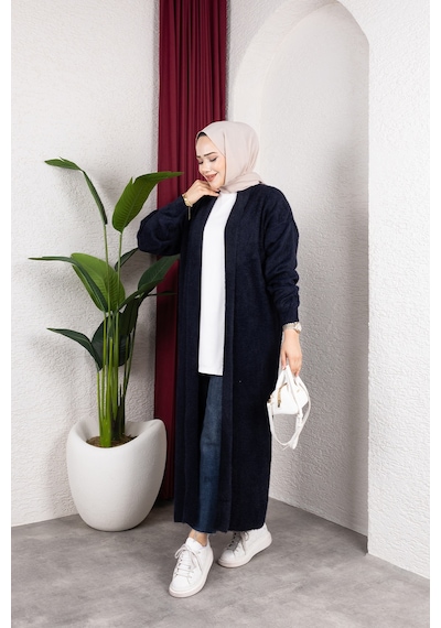 Hira Life Fashion Kadın Şal Yaka Uzun Triko Ve Sakallı Tüylü Hırka Lacivert Lacivert