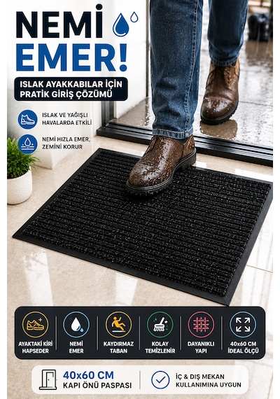 Siyah Dış Mekan 40 X 60 Cm Kapı Önü Paspas Kaydırmaz Taban Nem Alıcı Kir Tutucu Ev Giriş Paspası