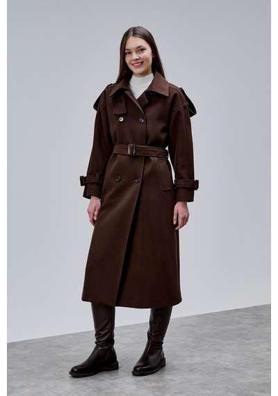 Acı Kahve Kuşaklı Oversize Kaşe Kaban 44577 Kahverengi