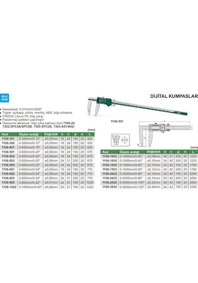 Insize Insıze 1106-301 0,01 Mm Tek Çene Dijital Kumpas 0-300 Mm Çene Boyu 100 Mm