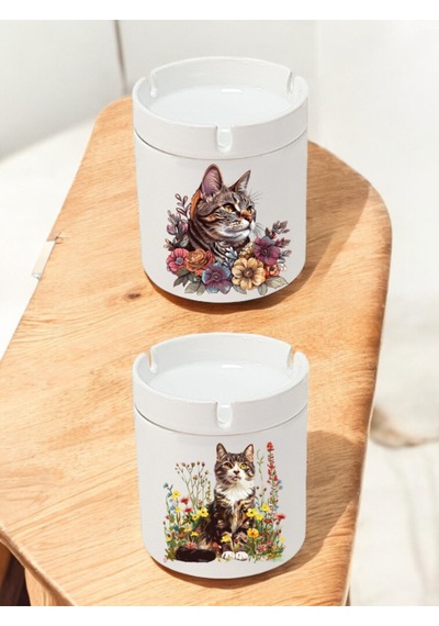 Çiçek İçinde Kedi 2'li Küllük - Tasarım Kül Tablası, Seramik Küllük Modelleri, Seramik Kül Tablası