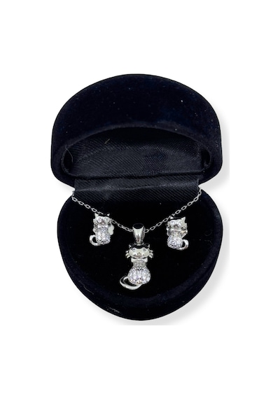 Oya Silver Zirkon Taşlı Kedi Gümüş Set&takım