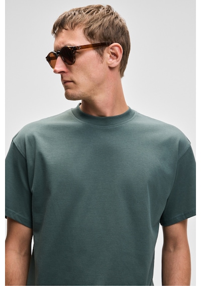Grımelange FEON Erkek Oversize Geniş Kesim %100 Organik Pamuk Kalın Dokulu Yuvarlak Yaka Koyu Yeşil T-Shirt
