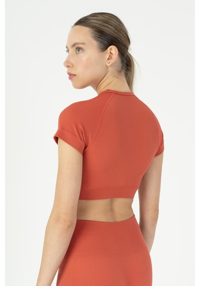 Maraton Slimfit Kadın Bisiklet Yaka Kiremit Crop Top Kiremit