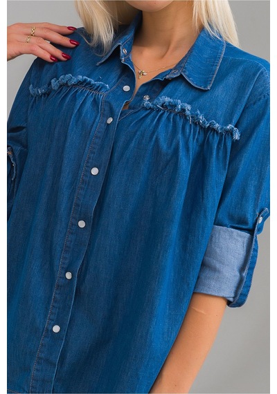 Bold & Young Kadın Pis Dikişli Pamuklu Denim Kumaş Çıtçıtlı Kol Britli Kot Gömlek İndigo