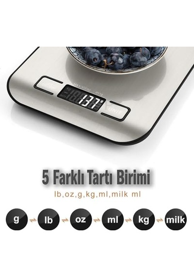 Dijital Mutfak Terazisi Paslanmaz Çelik Yüzeyli Hassas Tartı, 5 Kg Kapasiteli, Dara Özellikli, Lcd Ekranlı, 5 B Diğer