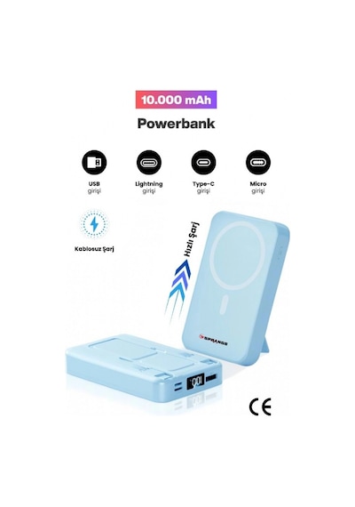 Sprange Sr-p26m 10000mah Magsafe Powerbank 15w Kablosuz, 20w Pd, Lcd Ekranlı, Standlı Mavi Mavi