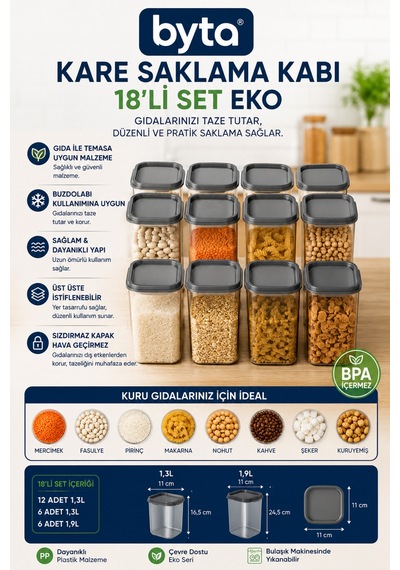 Eko 12'li Kare Erzak Saklama Kabı Seti 12x1,3 L Kapaklı Plastik Gıda Saklama Kabı Şeffaf Mutfak Düzenleme Seti Şeffaf