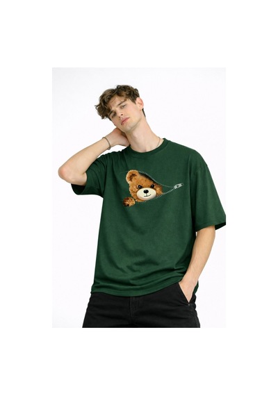 Misa Tahtakale Mn - Bear Baskılı Oversize Tişört Hakı Çok Renkli