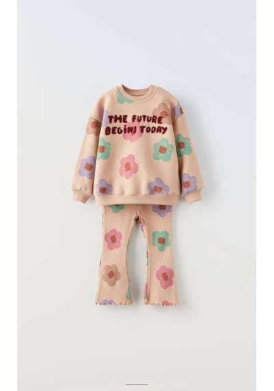 Noble Kids Kız Çocuk Çiçek Desenli Şardonlu Sweatshirt Ve Tayt Takım Somon
