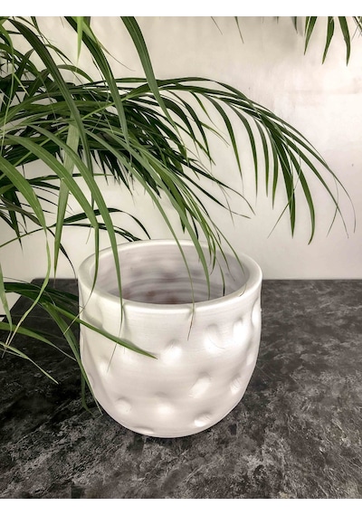 Bitki Tasarımı Ev Dekorasyon Aksesuar Beyaz Desenli Toprak Saksı Saksılık Salon Çiçeklik - 19 CM