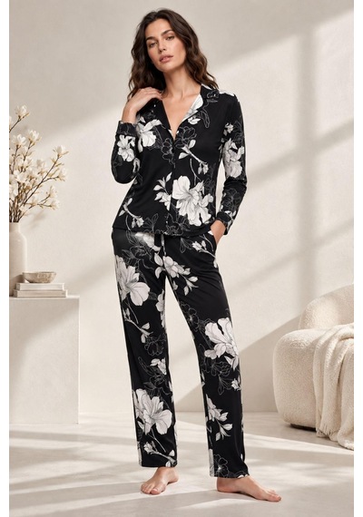 Gd Goldoremi 30163 Kadın Premium Uzun Kollu Önden Düğmeli Pijama Takım Siyah