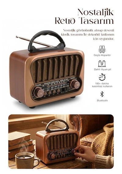 Nostaljik Görünümlü Bluetooth Mp3 Çalar Fm/am/sw Usb Tf Kart Destekli Şarjlı Retro Hoparlör