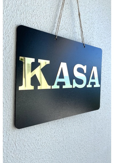 Kasa Yazılı Yönlendirme Tabelası - Siyah Mdf Üzeri Gold Aynalı Pleksi 29x20 Cm