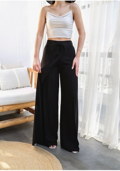 Defymoda Keten Önü Çapraz Parçali Lasti Kli Ve Bağcikli Geni Ş Paça Pantolon Siyah