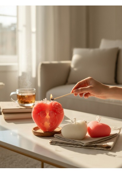 Romantik Kalp Mum Seti, 3'lü Dekoratif Mum, Sevgililer Günü Hediyesi Beyaz