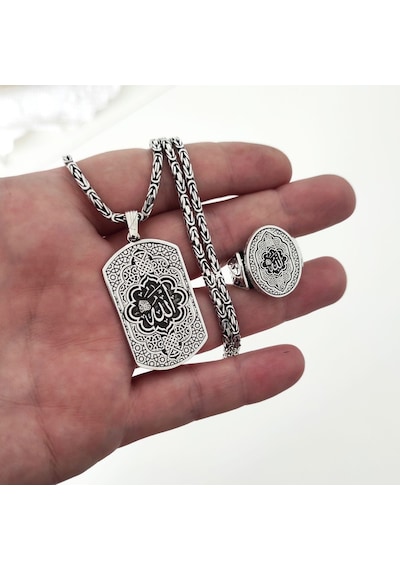 Fkgümüş 925 Ayar Gümüş Allah Lafzı İşlemeli Erkek Yüzük Ve Kolye Silver
