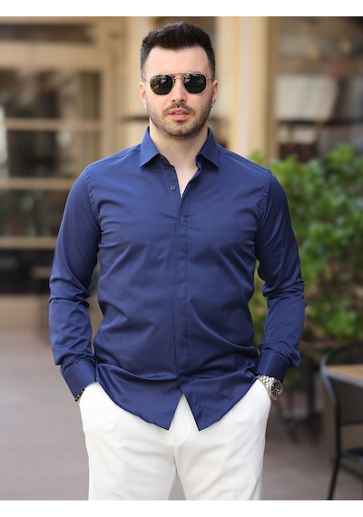 Süper Slim Fit Dar Kalıp Gizli Düğmeli Pamuk Saten Gömlek Lacivert