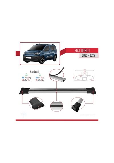 Fiat Doblo 2023 Ve Sonrası İle Uyumlu Fly Model Ara Atkı Tavan Barı Gri 4 Adet Bar