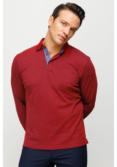 Desen Triko Erkek Polo Yaka Desenli Uzun Kollu Sweatshirt Bordo Bordo