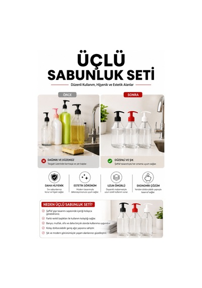 Sıvı Sabunluk Pompalı Şeffaf Dispenser 500 Ml Üçlü Set Şefaf