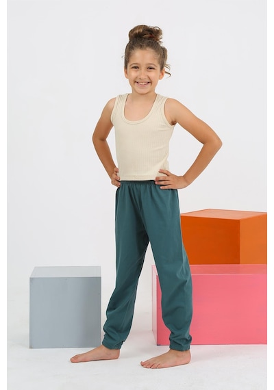 Akbeniz Kız Çocuk Sıfır Kol Ten Rengi Penye Pijama Takım 20433 Bej Melanj