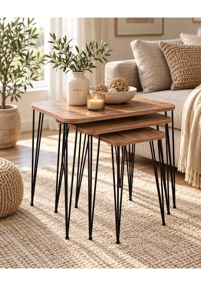 Odera Ceviz Tel Zigon Sehpa 3'lü Set Metal Ayaklı Modern Retro Salon Sehpası Diğer
