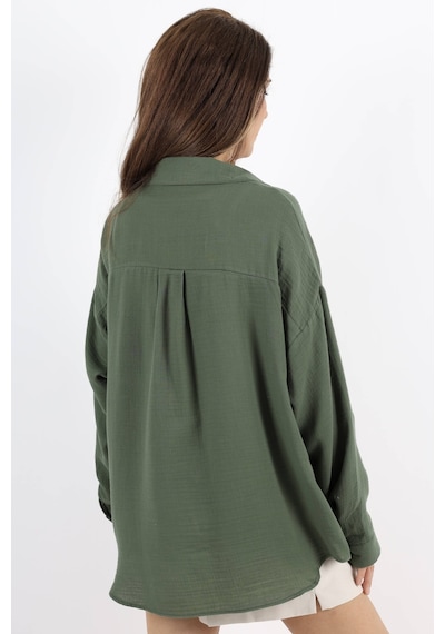 Ritnice Kadın Yumuşak Müslin Kumaş Uzun Haki Oversize Gömlek Haki