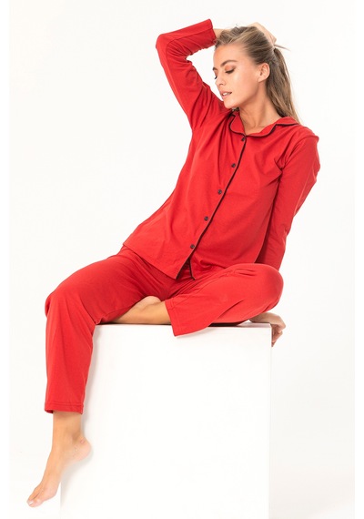 SUDE HOMEWEAR Düğmeli Pijama Takımı Kırmızı