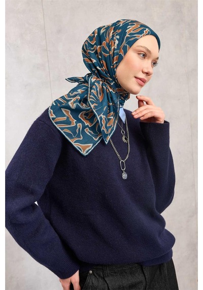 Silk Home Pamuk Polyester Soft Eşarp Koyu Mavi Soyut Desenli Tok Duruşlu 90x90 Çok Renkli