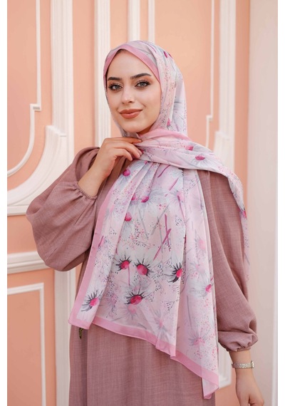 Mimiyum Papatya Desen Nayf İpek Şal Şeker Pembe