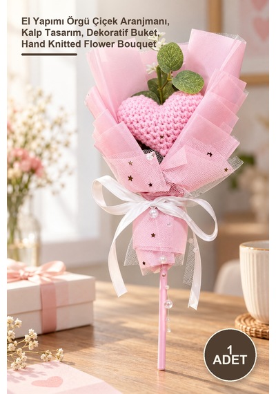 1 Adet El Örgüsü Kalp Çiçeği Buketi El Yapımı Örgü Çiçek Aranjmanı, Kalp Tasarım, Dekoratif Buket, Hand Knitted Flower Bouquet Sarı