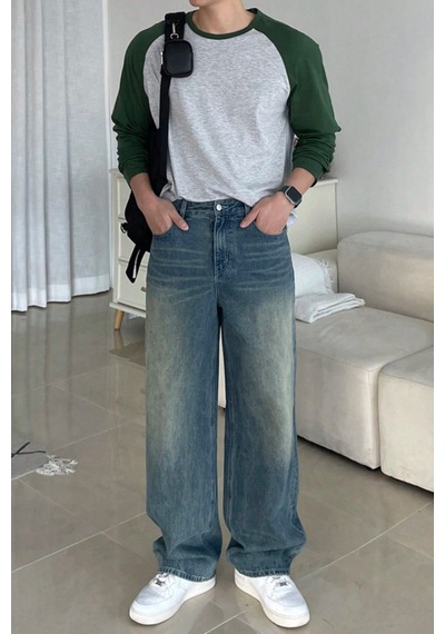Tarz Cool Erkek Reglan Kol Uzun Kollu Basic Tişört Süprem %100 Cotton Bisiklet Yaka Rahat Kalıp Haki