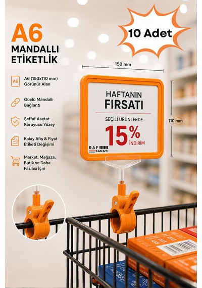 10 Adet - A6 Fiyatlık Mandallı Etiketlik Sepet Raf Askılık Fiyat Etiketi Çerçeveli Market Mağaza Turuncu