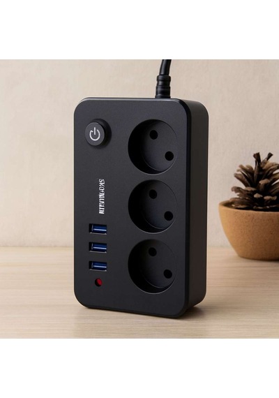 Anahtarlı Termal Korumalı 3'lü Priz + 3xusb 2.1a 2m Uzatma Kablosu Siyah