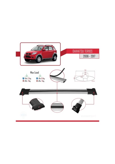 Daihatsu Terios 2006-2017 Arası İle Uyumlu Fly Model Ara Atkı Tavan Barı Gri 3 Adet Bar