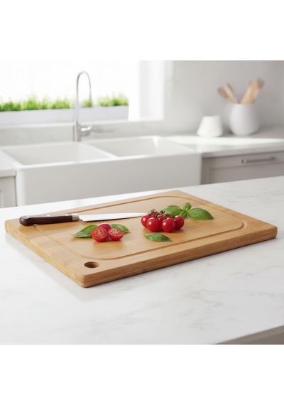 Antibakteriyel Bambu Kesme Tahtası 34x24 Cm İç Oluklu, Asma Delikli Dikdörtgen Doğrama Ve S