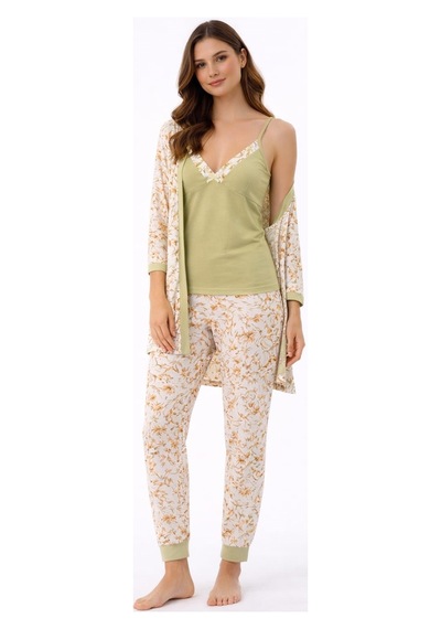 Pemilo Kadın 3243 3'lü Viscon Sabahlık Pijama Takımı Ekru-zambak
